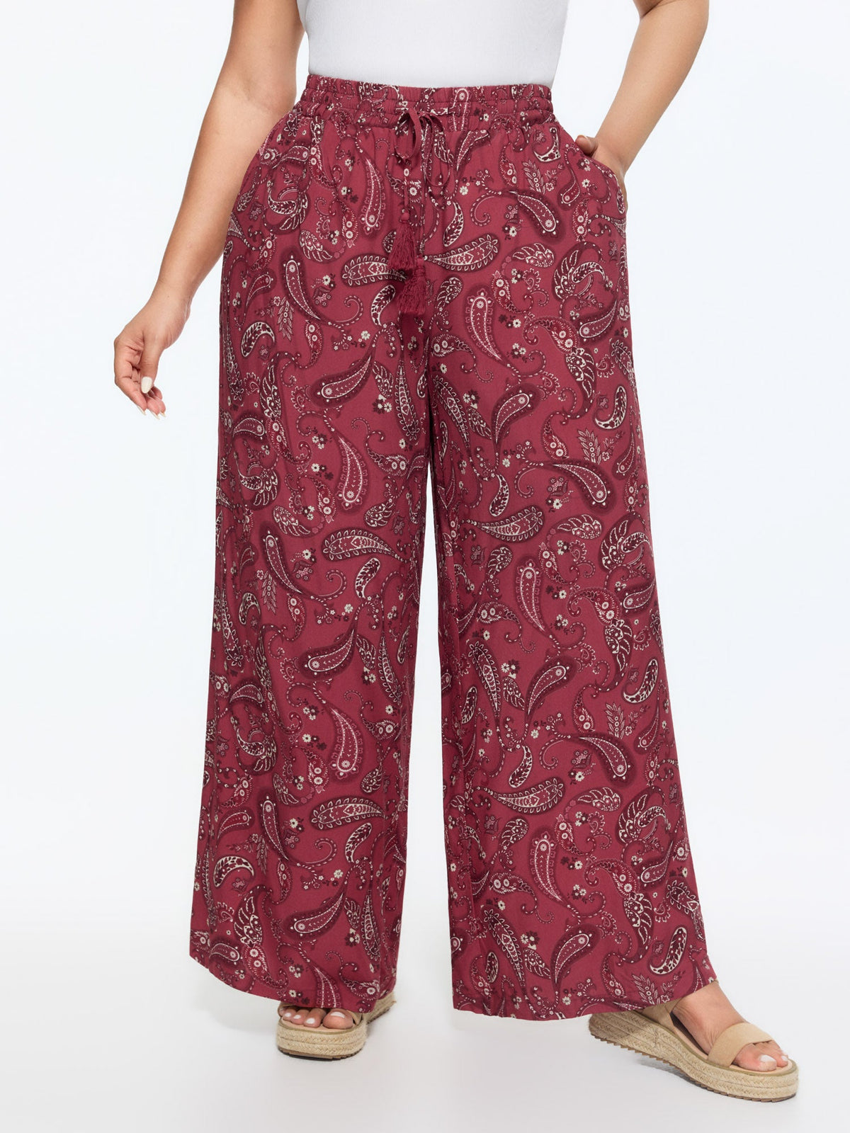 Damask Print Tassel Straight-Leg Pants