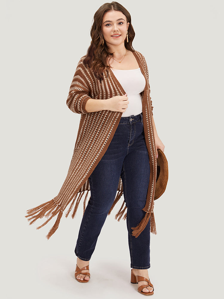 Striped Open Front Tassel Trim Hollow Out Cardigan