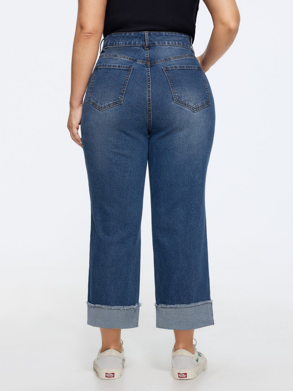 Stretchy Folded Hem Straight-Leg Jeans
