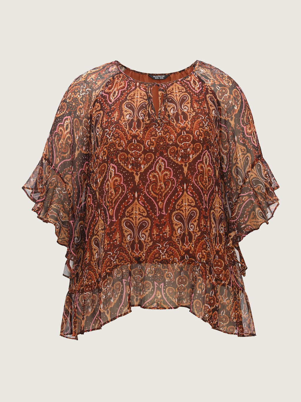 Boho Geometric Print Ruffled Sleeve Blouse