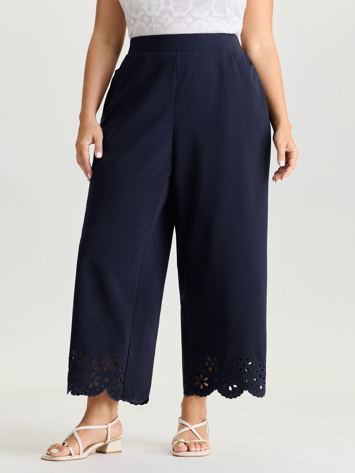 Cut-Out Embroidered Hem Plain Pants