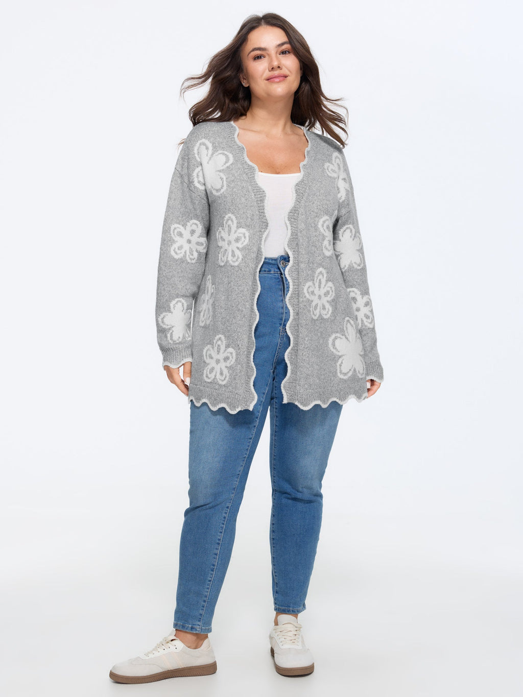 Floral Pattern Scalloped Hem Knit Cardian
