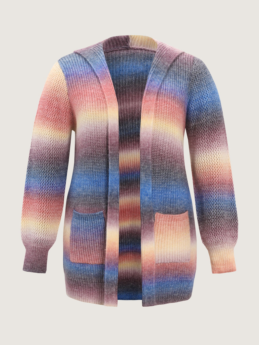 Textured Color Contrast Pocket Hooded Knit Cardigan