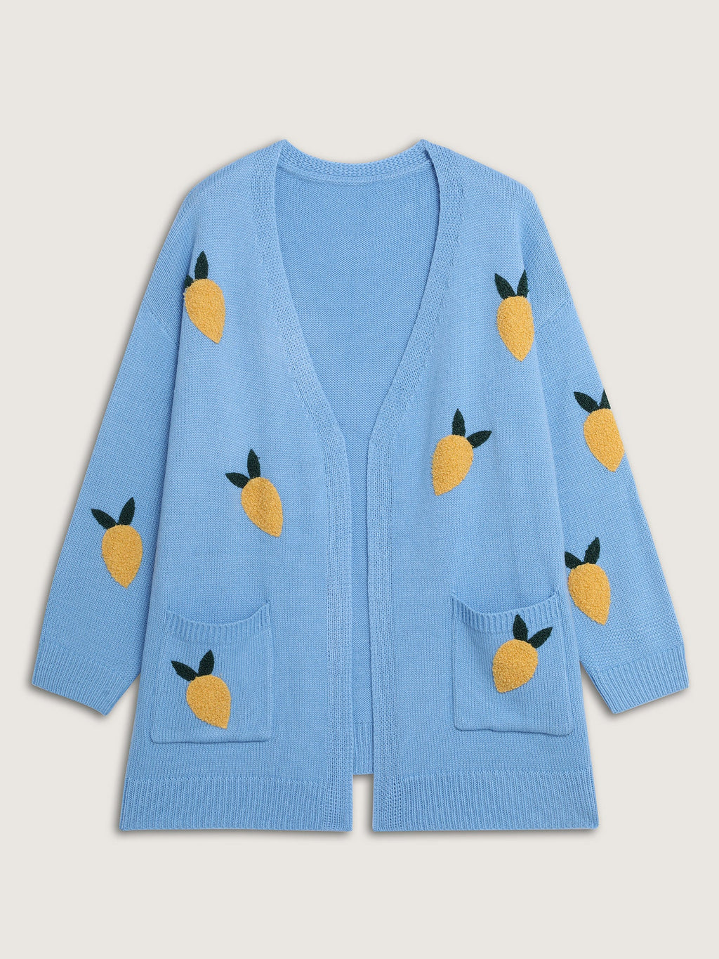 Lemon Embroidery V-Neck Pockets Knit Cardigan