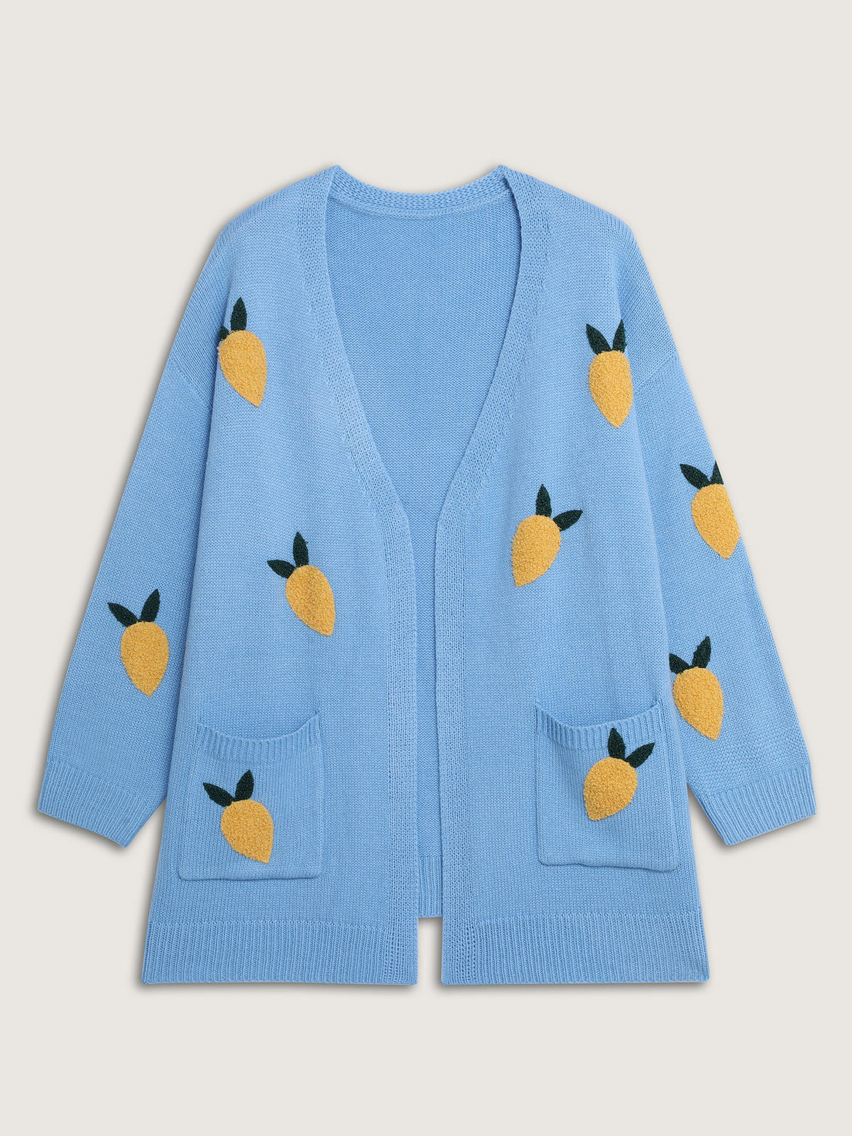 Lemon Embroidery V-Neck Pockets Knit Cardigan