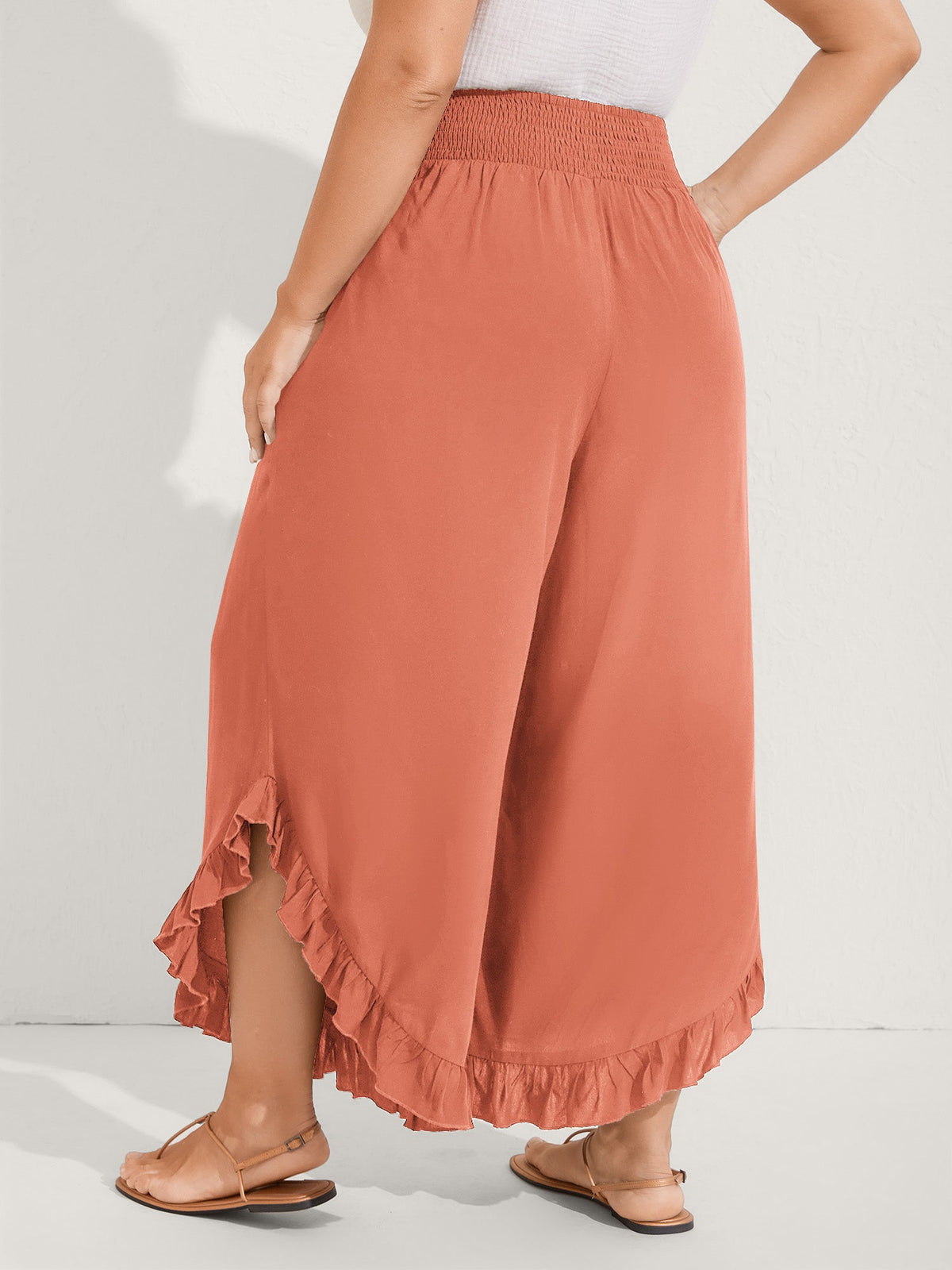 Ruffled Curvy Hem Wide-Leg Pants