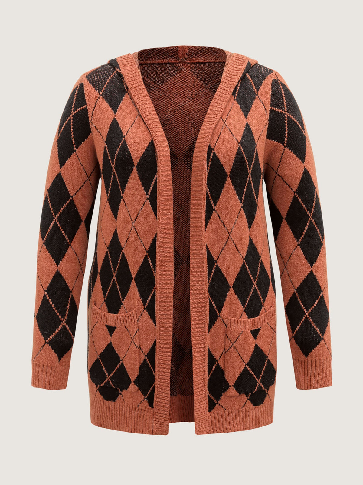 Checkered Jacquard Hooded Pockets Knit Cardigan