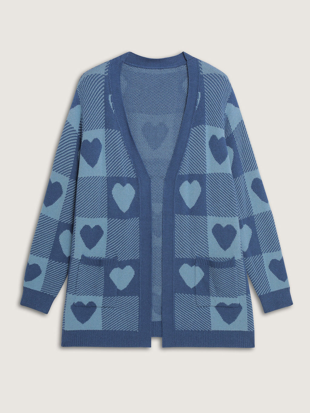 Supersoft Checkered Hearts Jacquard Pockets Knit Cardigan