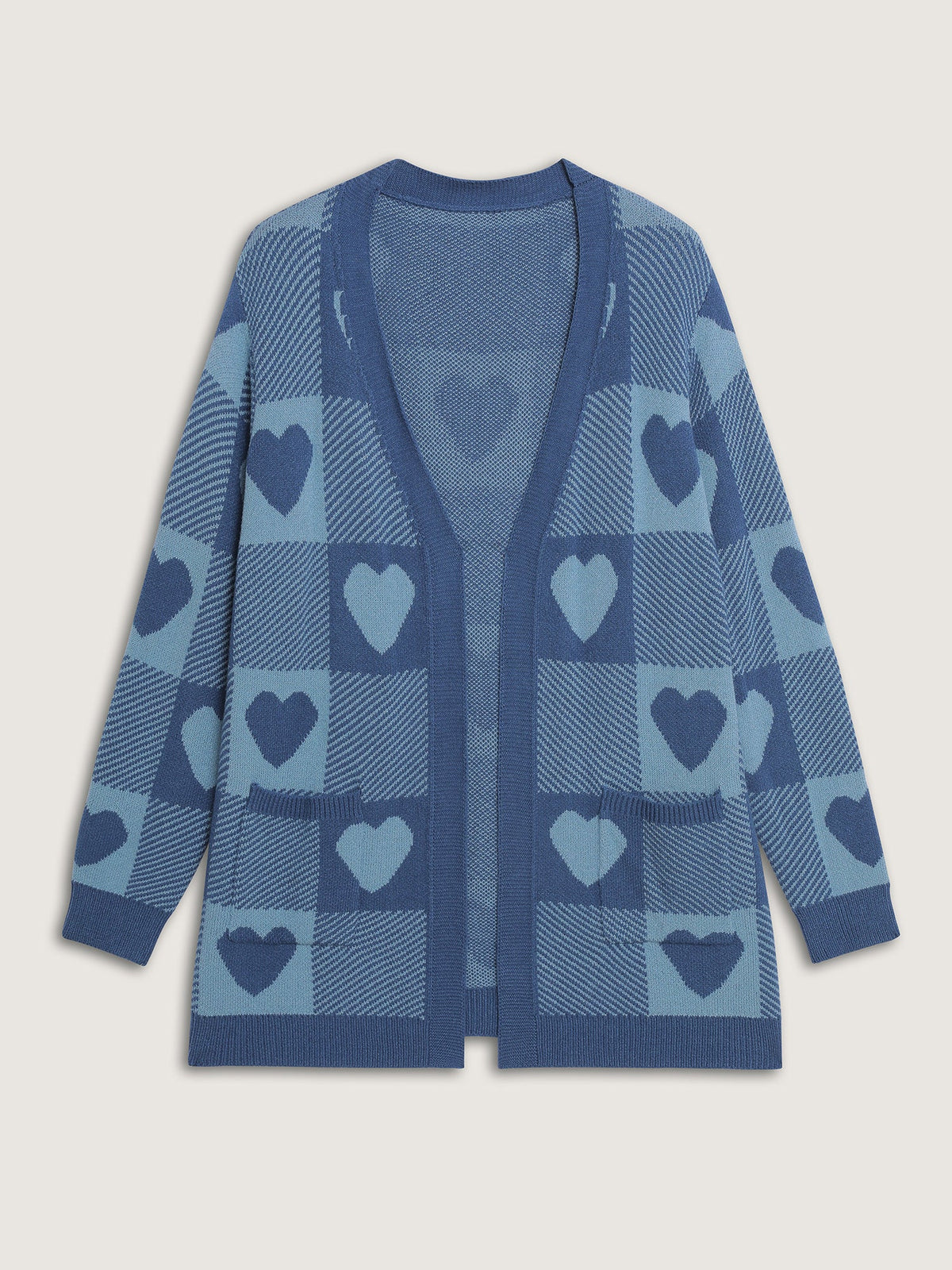 Supersoft Checkered Hearts Jacquard Pockets Knit Cardigan