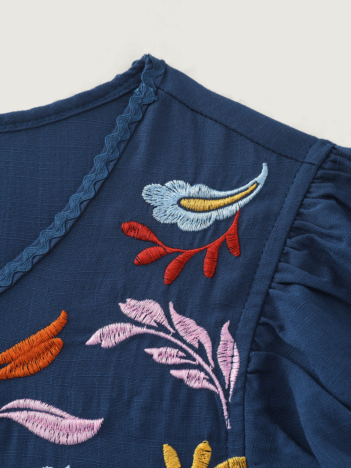Cotton Floral Embroidered Shirred Flowy Blouse