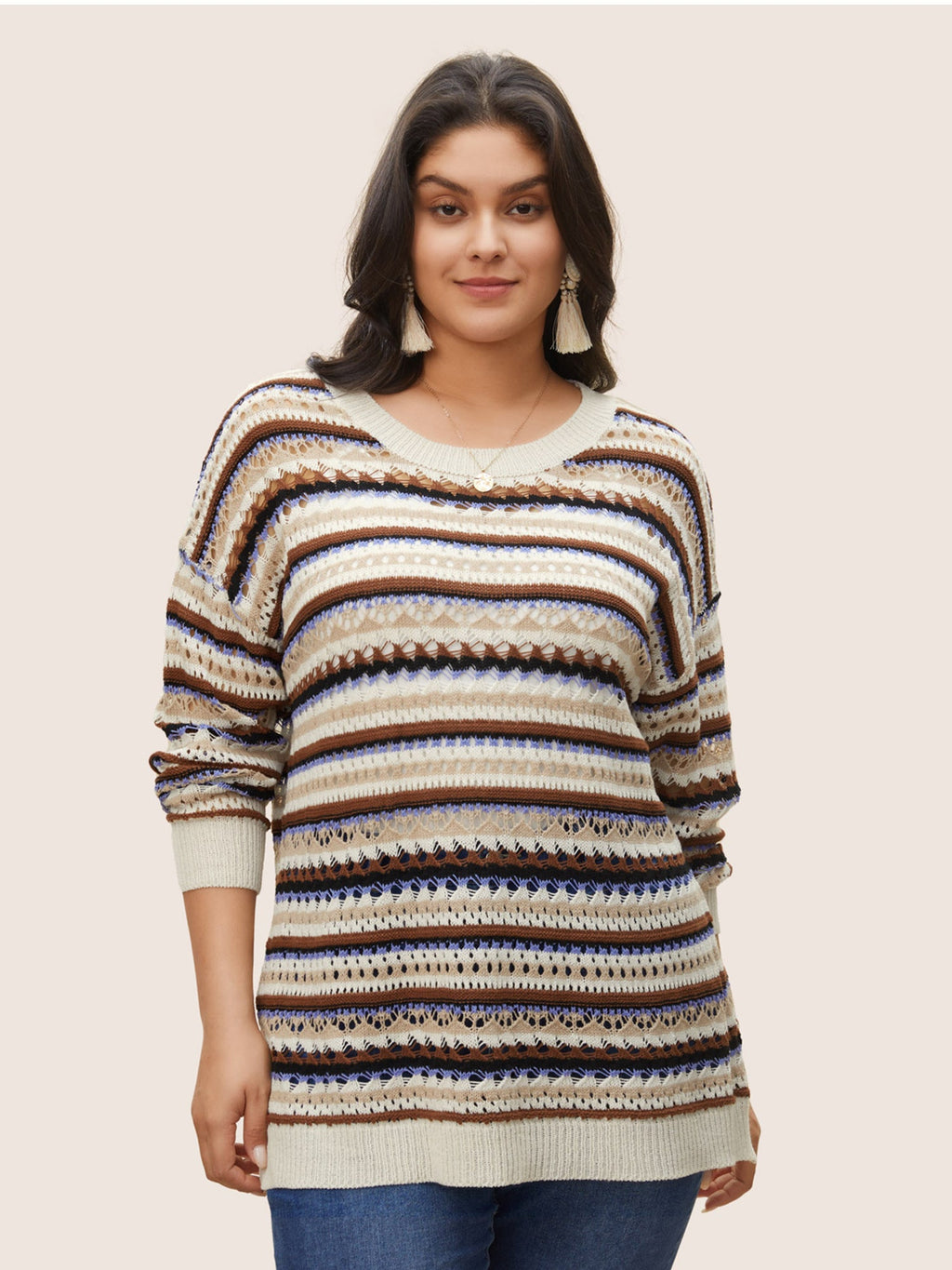 Striped Contrast Drop Shoulder Hollow Out Pullover