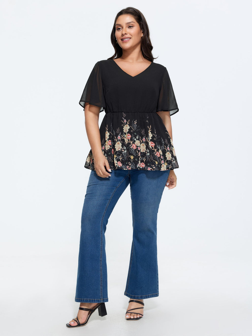 Floral Mesh V-Neck Fit And Flare Top