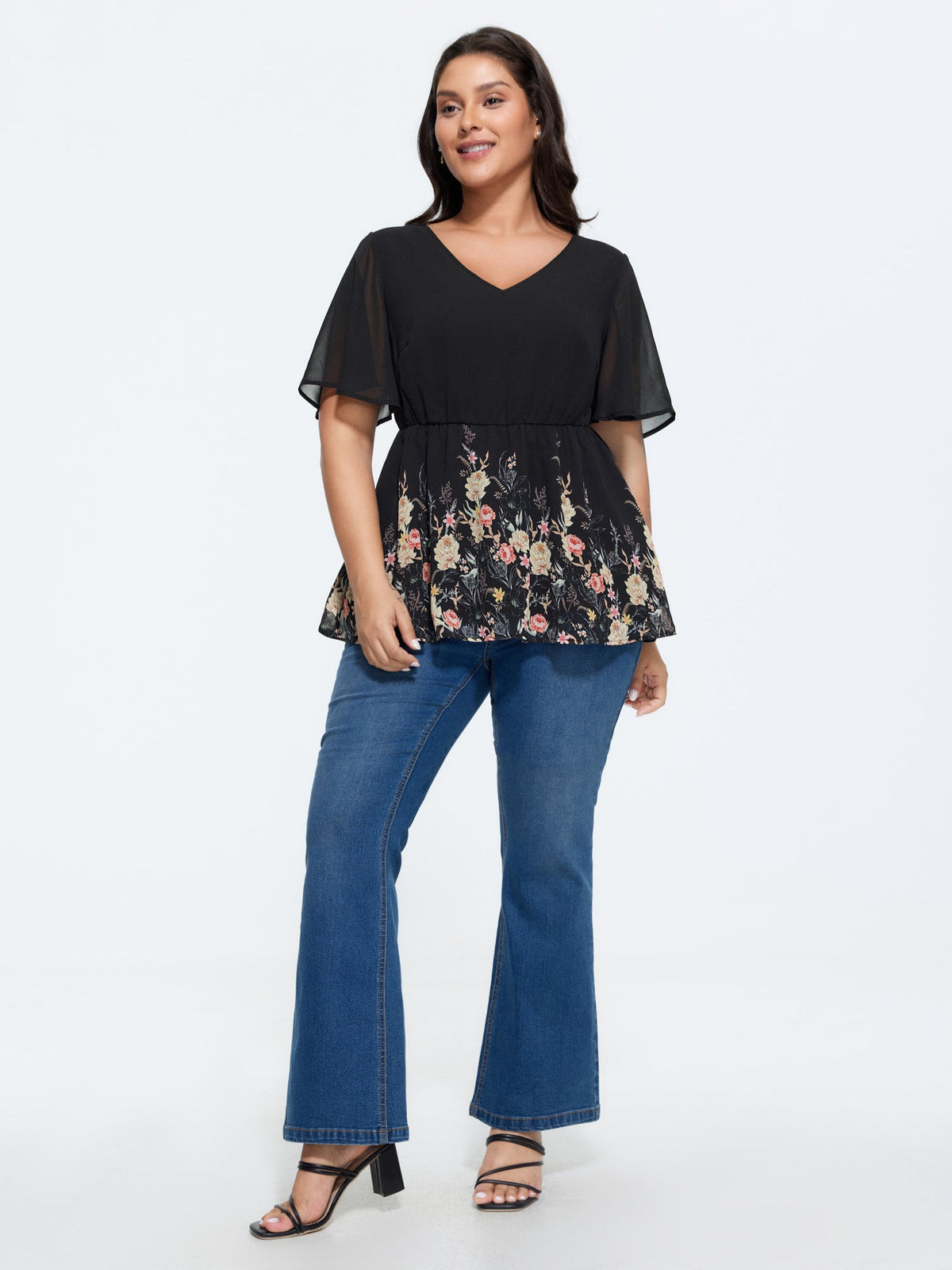 Floral Mesh V-Neck Fit And Flare Top