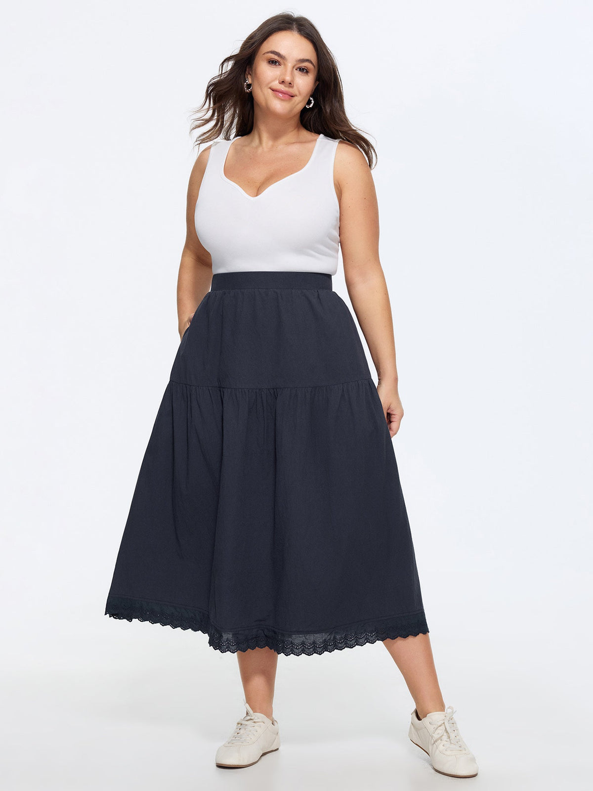 Cotton Lace Trim Tiered Flowy Maxi Skirt