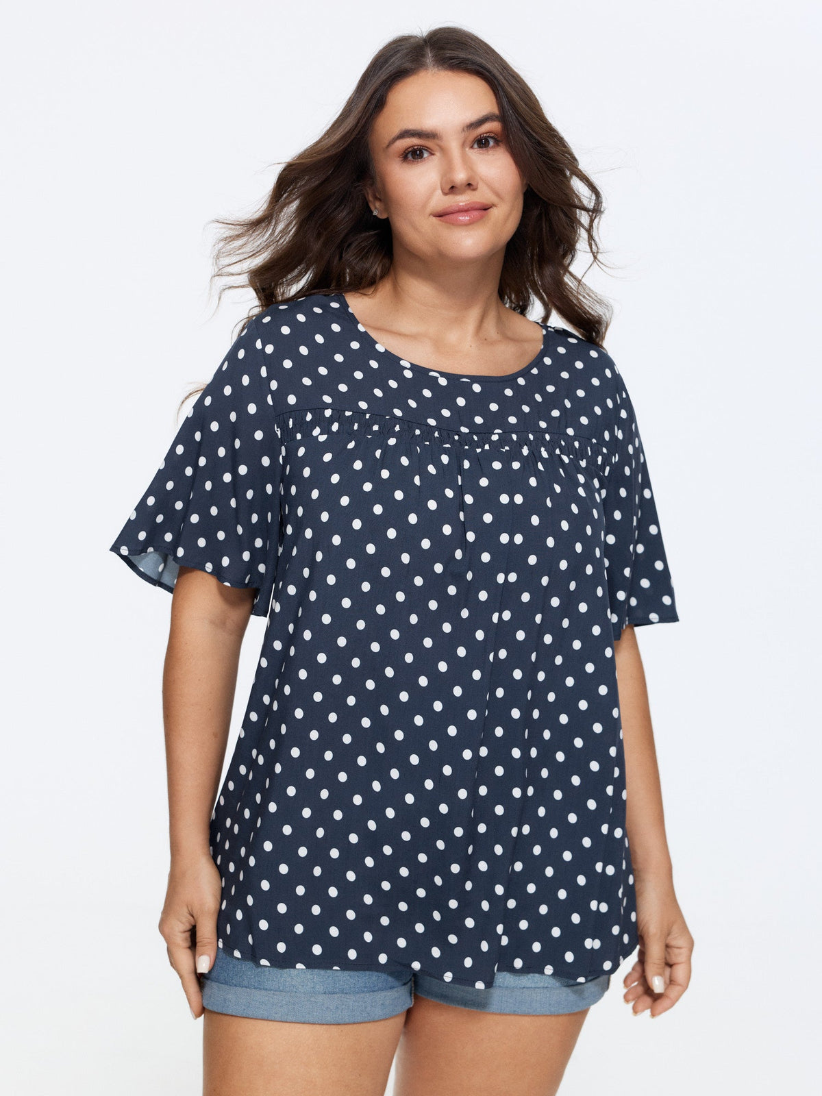 Floral Ruffle Sleeve Gathered Round Neck Blouse