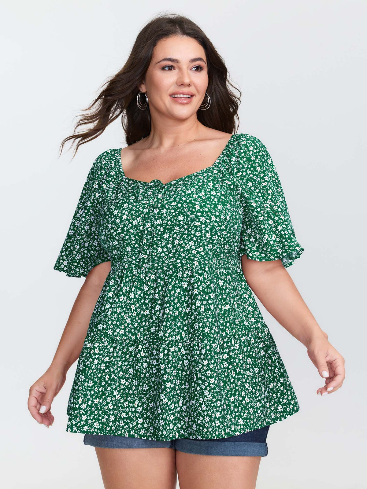 Micro Floral Print Sweetheart Neck Blouse