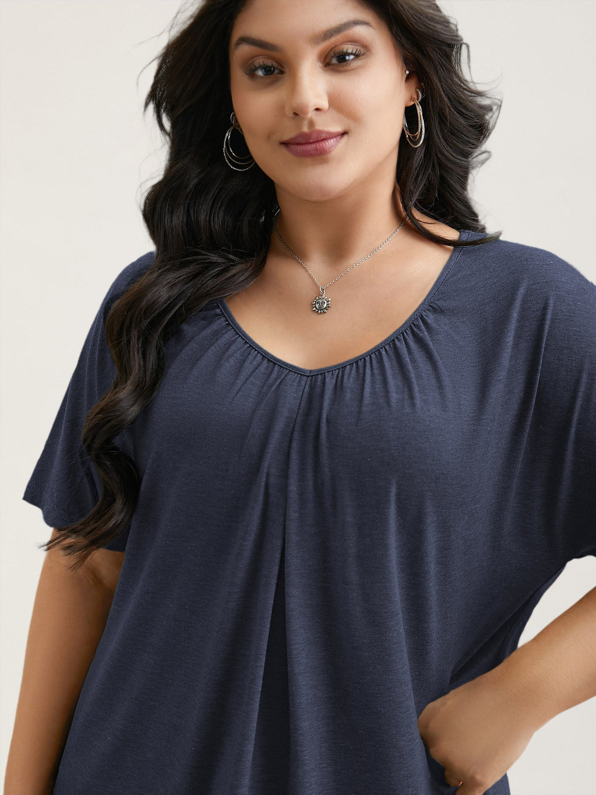 Pleated Plain Half-Sleeve Knit Top