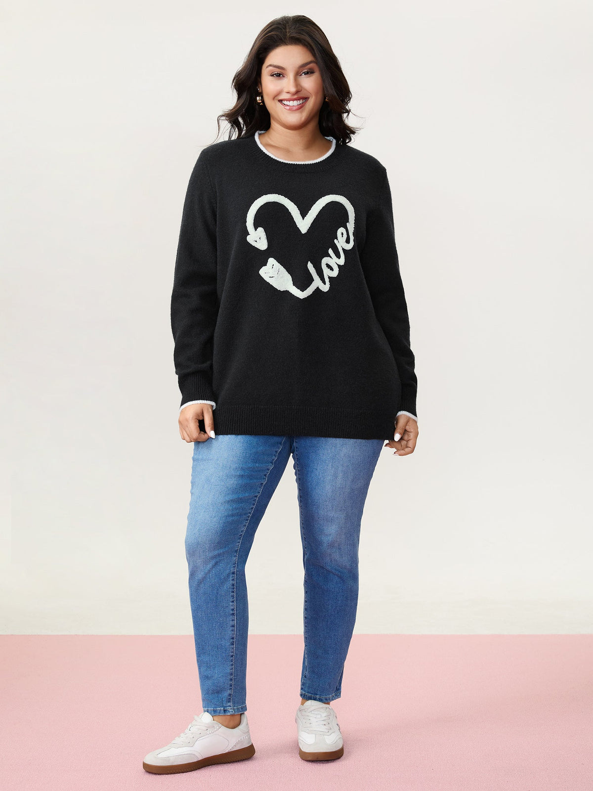 Love Pattern Embroidery Plain Pullover