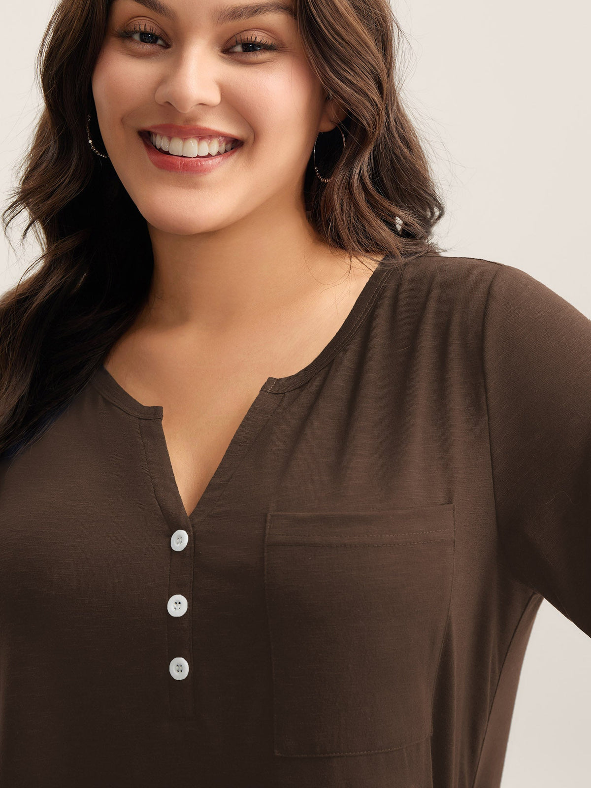 Solid Split Neck Button Detail T-Shirt