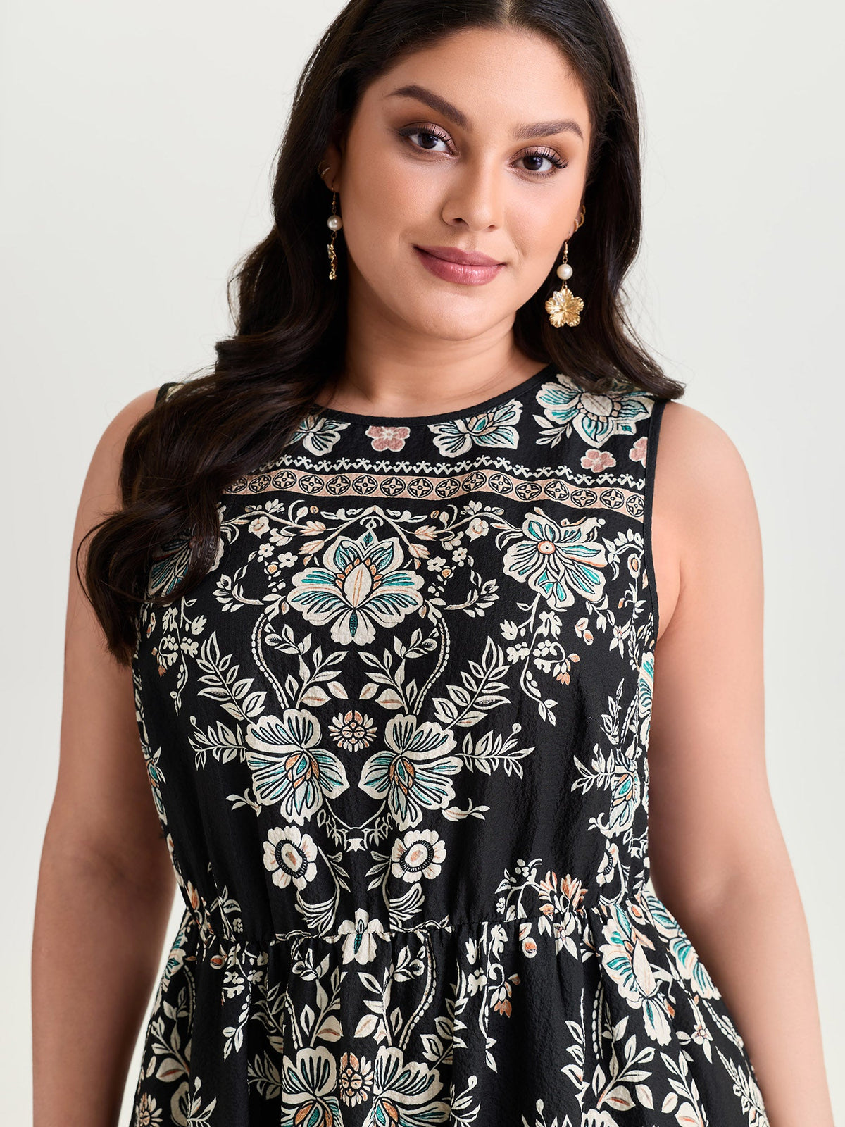 Boho Print Round Neck A-Line Mini Dress