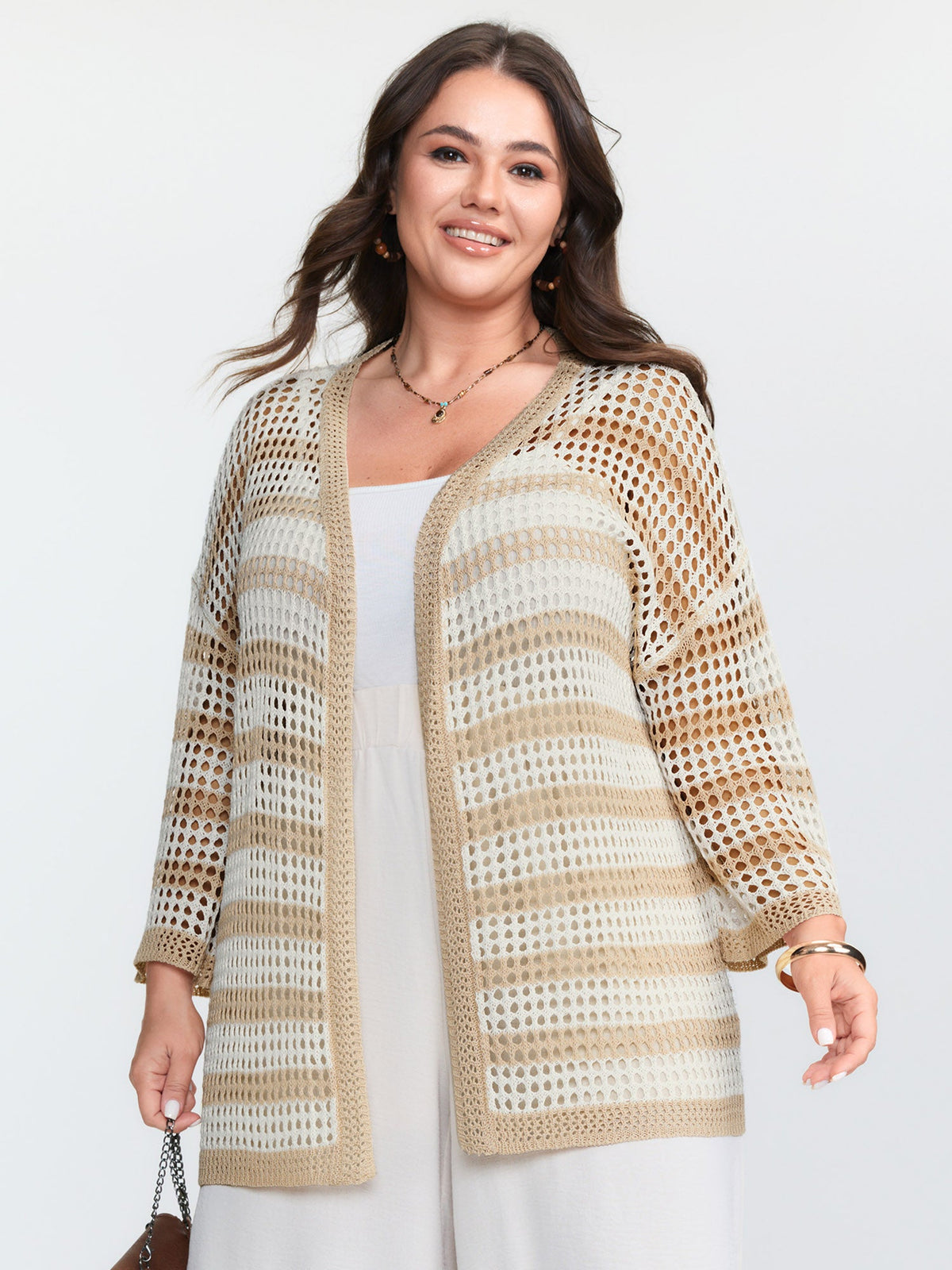 Crochet V-Neck Striped Knit Cardigan