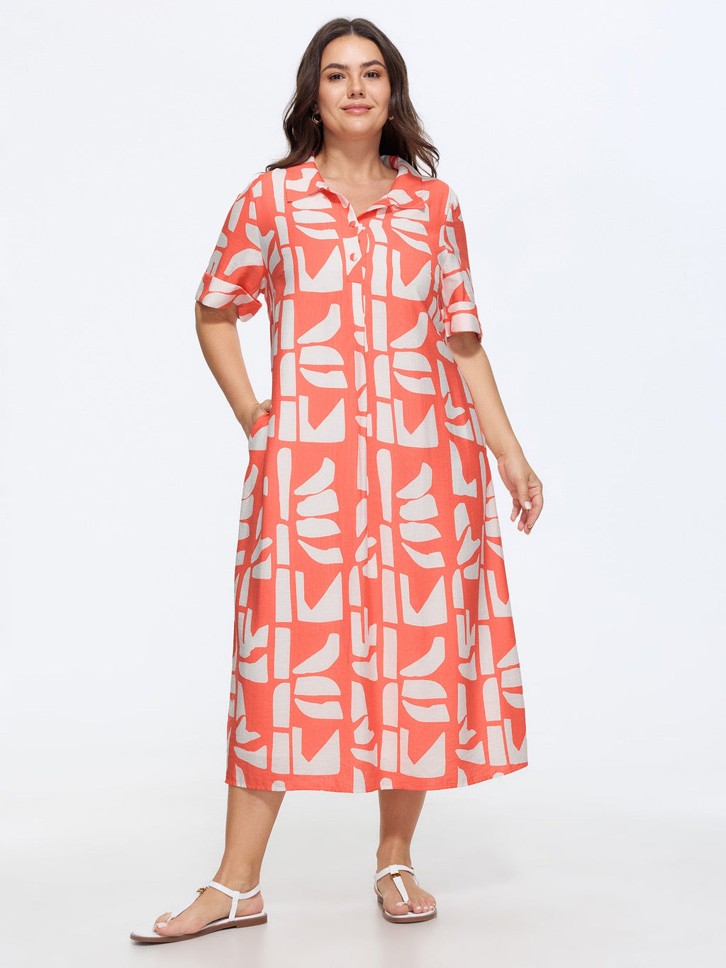 Supersoft Abstract Print Pockets Midi Shirt Dress