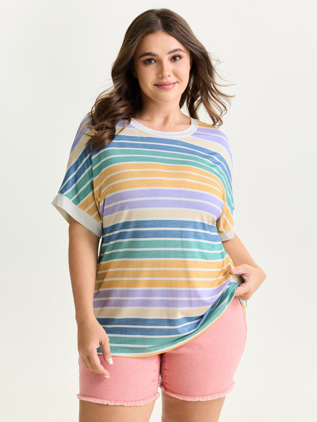 Colorful Gradient Stripe Round Neck T-Shirt