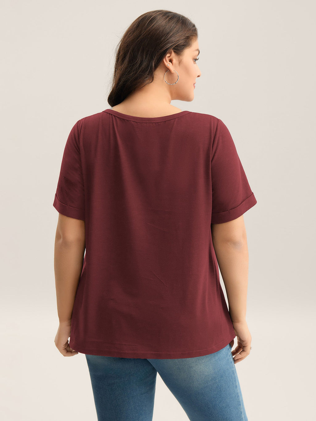 Solid Split Neck Button Detail T-Shirt