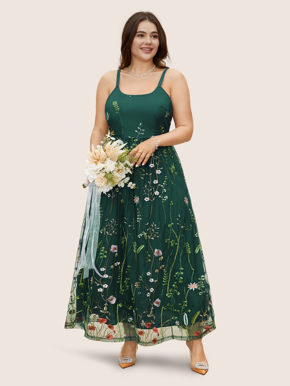 U Neck Floral Embroidered Mesh Cami Dress