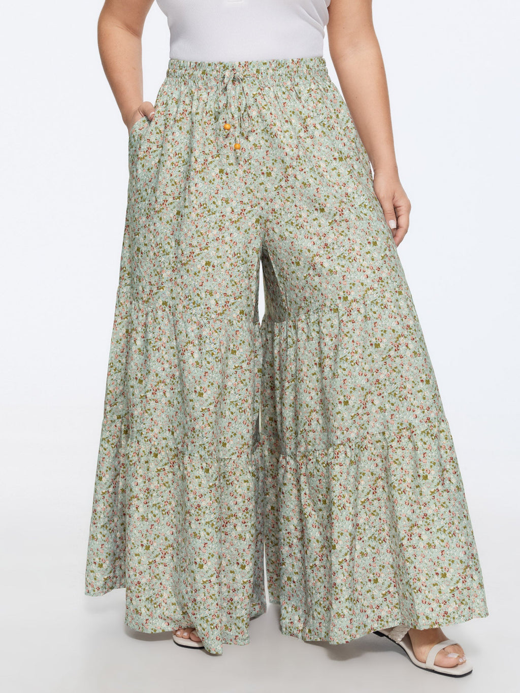 Micro Floral Print Wide Waistband Pants