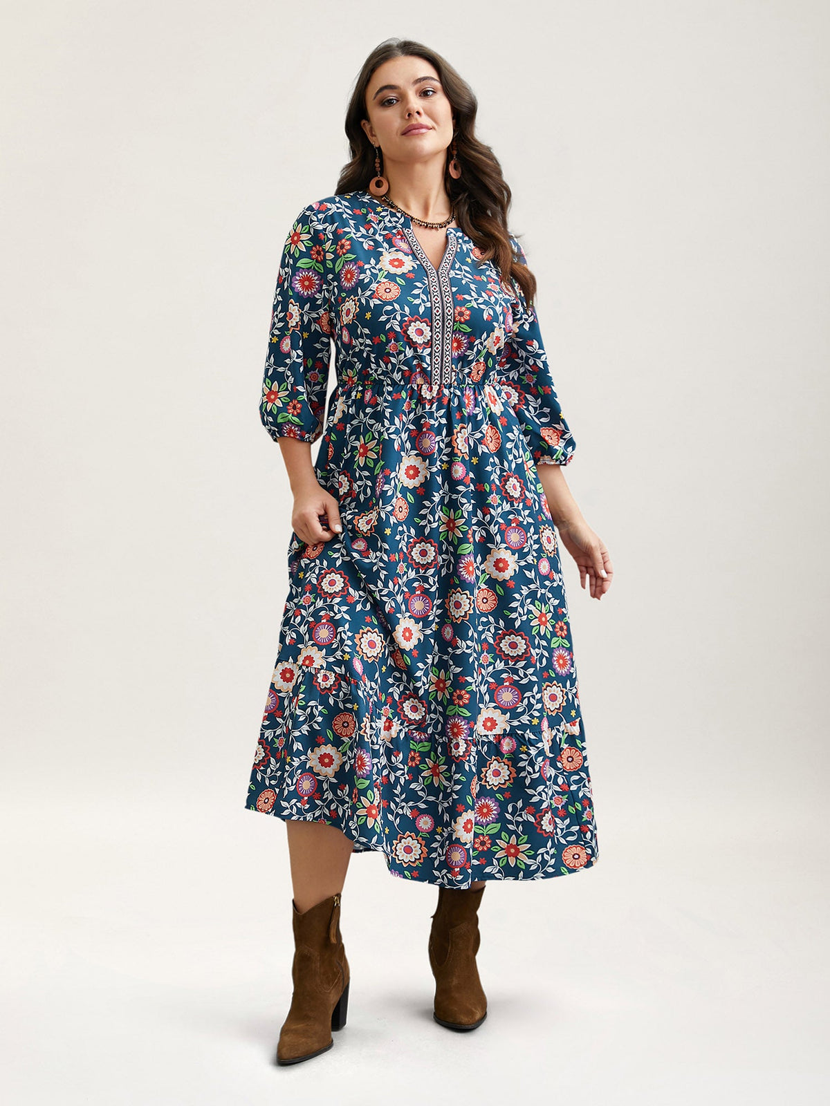 Floral Print Stretchy-Waist Pockets Midi Dress
