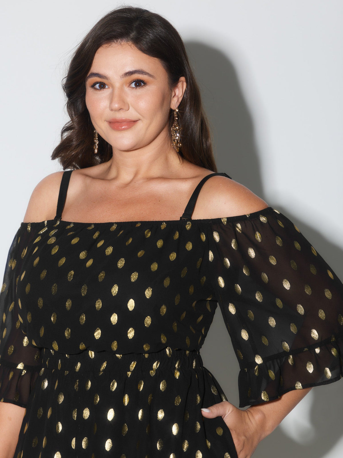 Gold Stamped Polka Dots Off-Shoulder Romper
