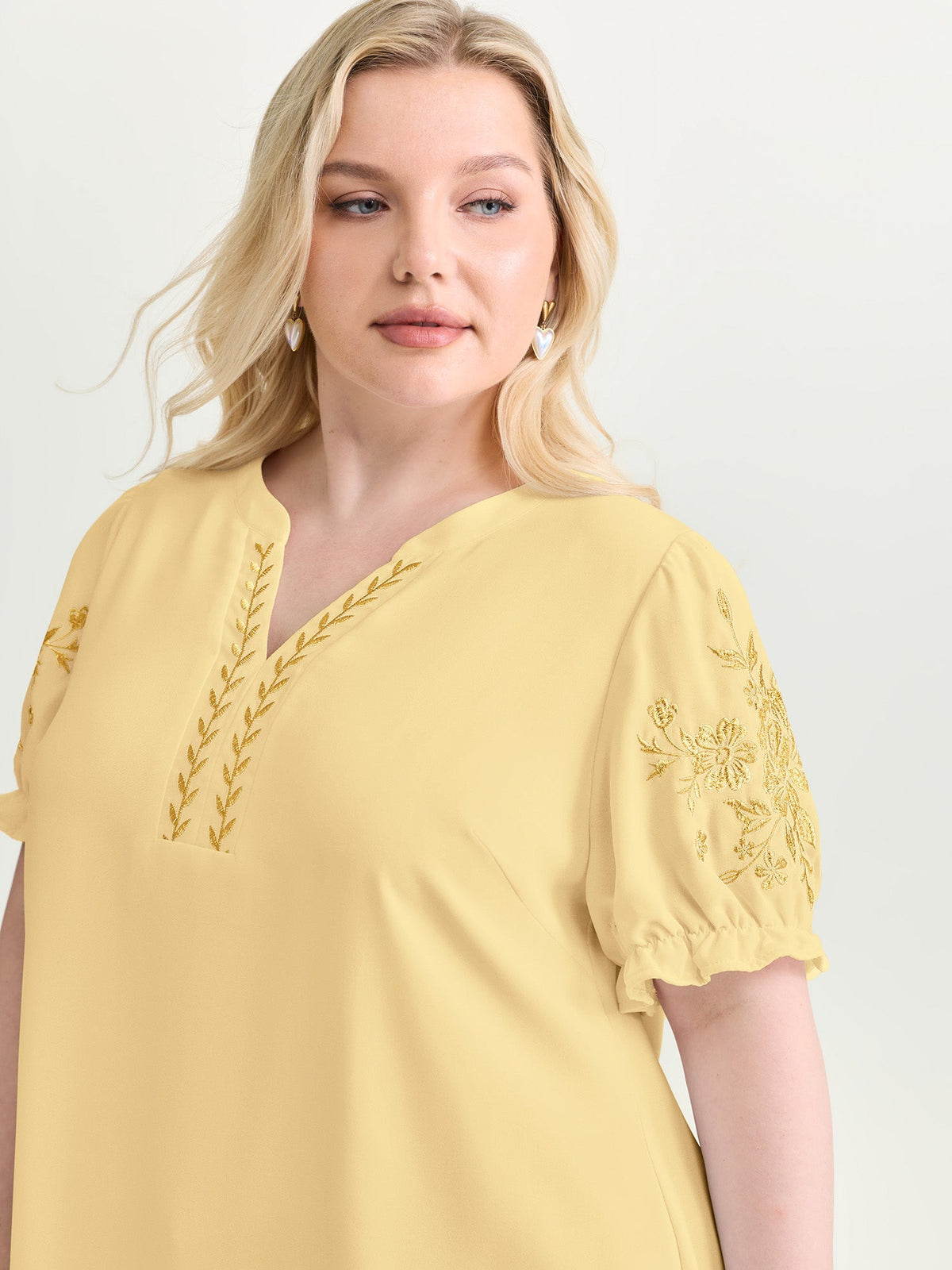 Notched Collar Embroidered Ruffled Blouse