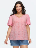 Cotton Eyelet Embroidered V-Neck Bubble Sleeve Blouse