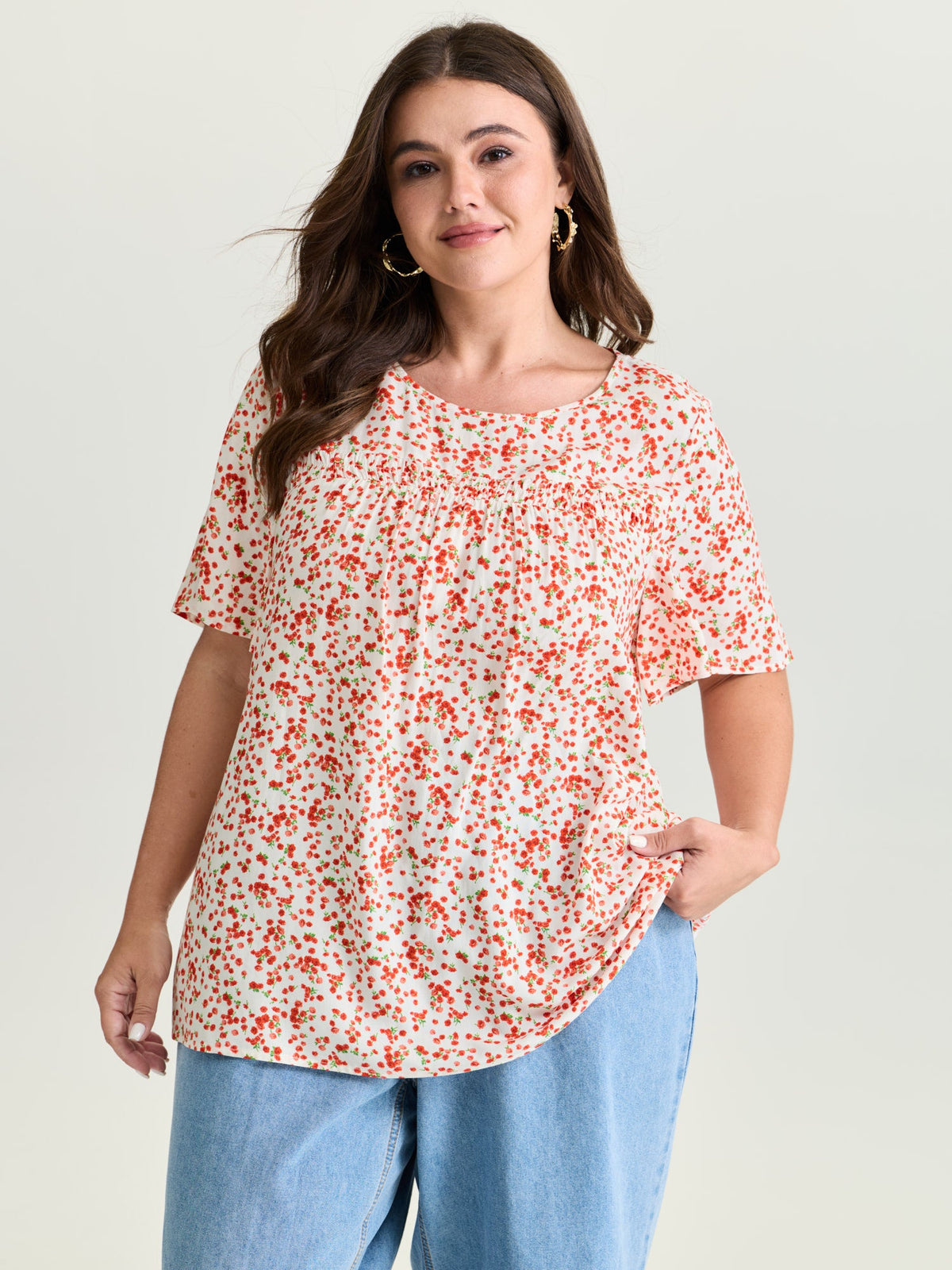 Floral Ruffle Sleeve Gathered Round Neck Blouse