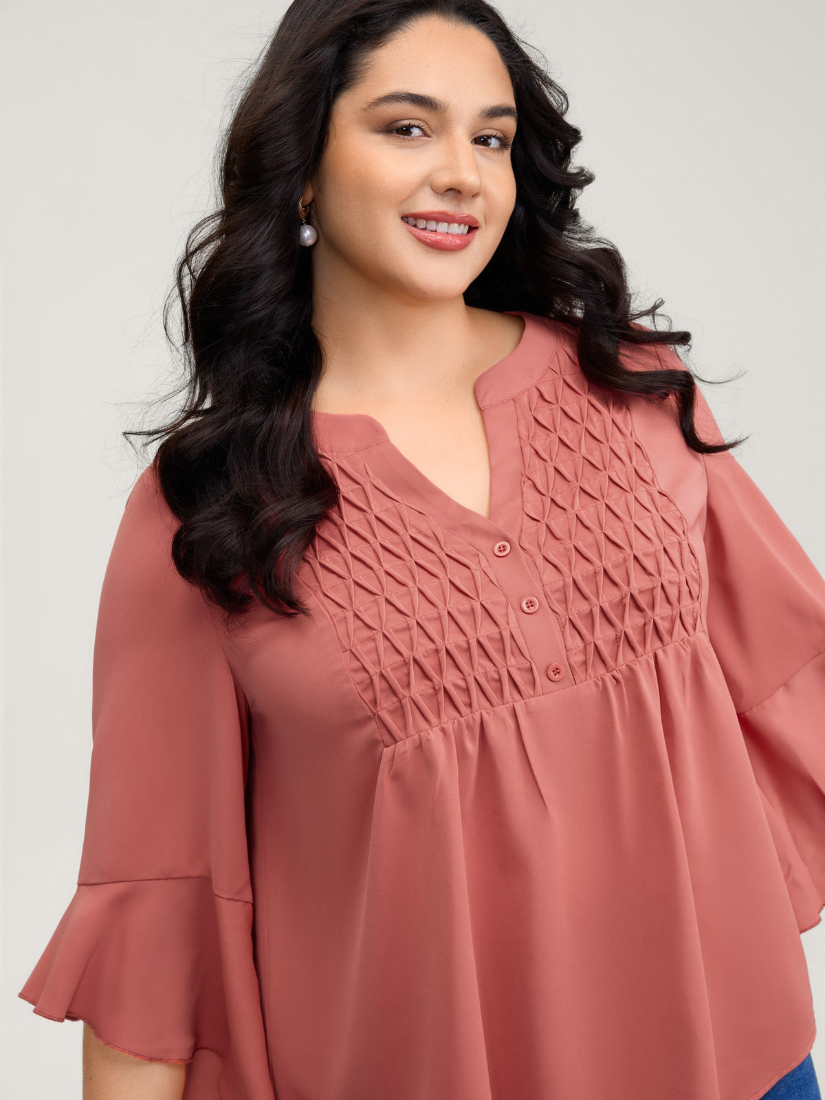 Textured Ruffled Sleeve Flowy Blouse