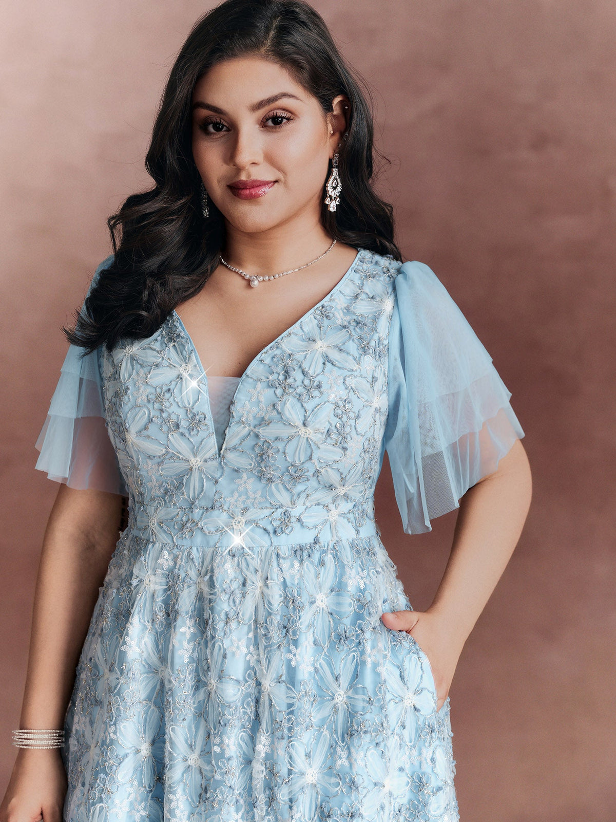 Floral Mesh Embroidered Lotus Leaf Sleeve Midi Dress
