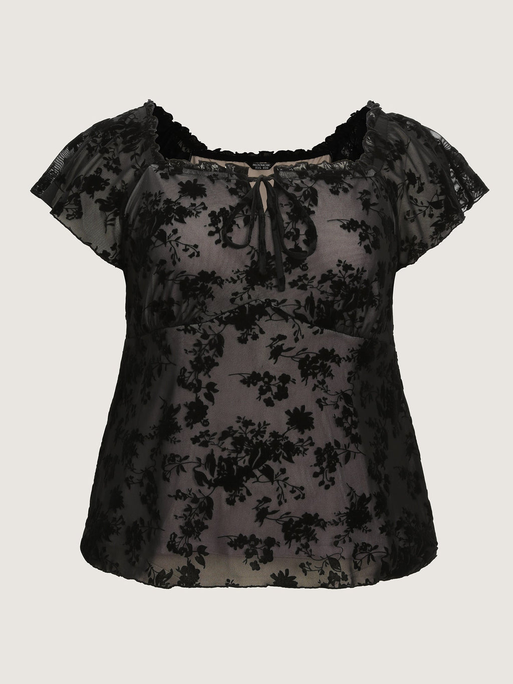 Flocked Floral Drawstring Neckline Knit Top