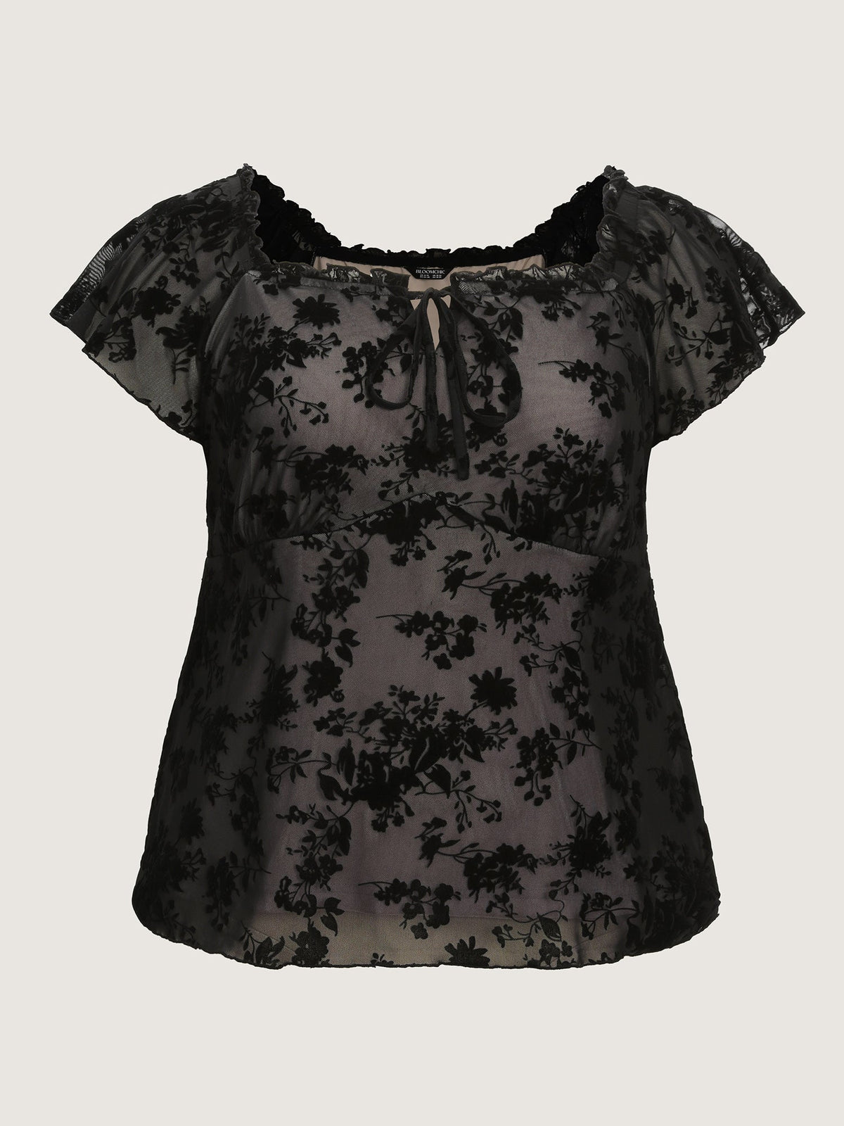 Flocked Floral Drawstring Neckline Knit Top