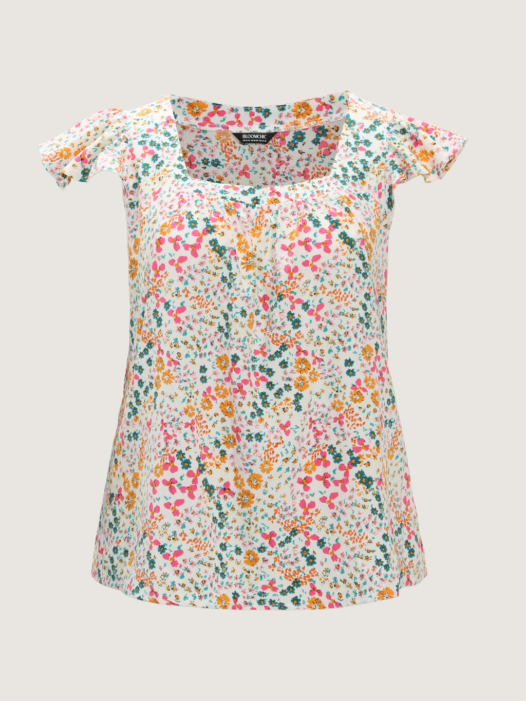 Bright Floral Print Flutter Sleeve Blouse