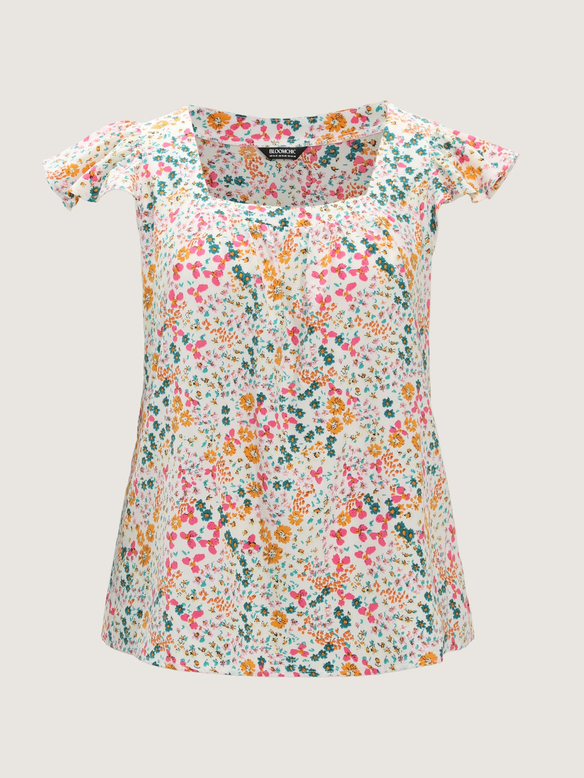Bright Floral Print Flutter Sleeve Blouse