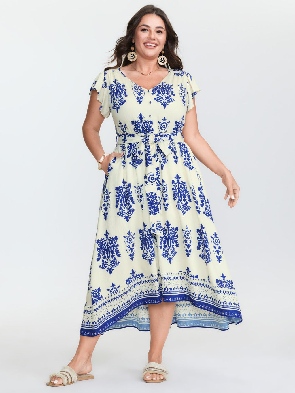 Floral Print Waist-Tie Pockets Midi Dress