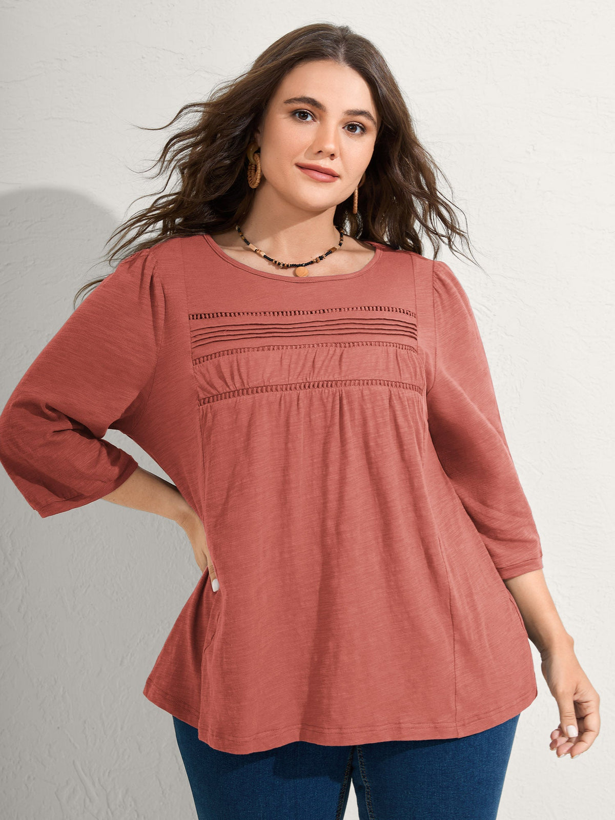 Cotton Lace Spliced Plain Knit Top