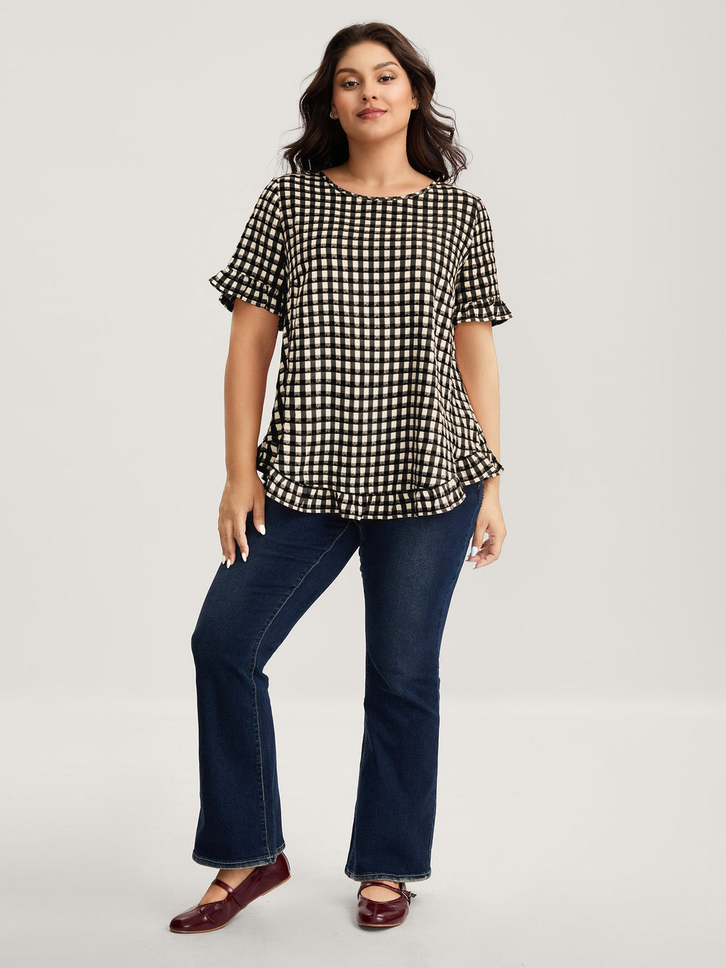 Gingham Print Button Back Blouse