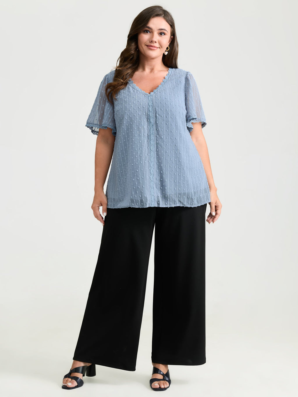 Lace Trim Textured V-Neck Blouse