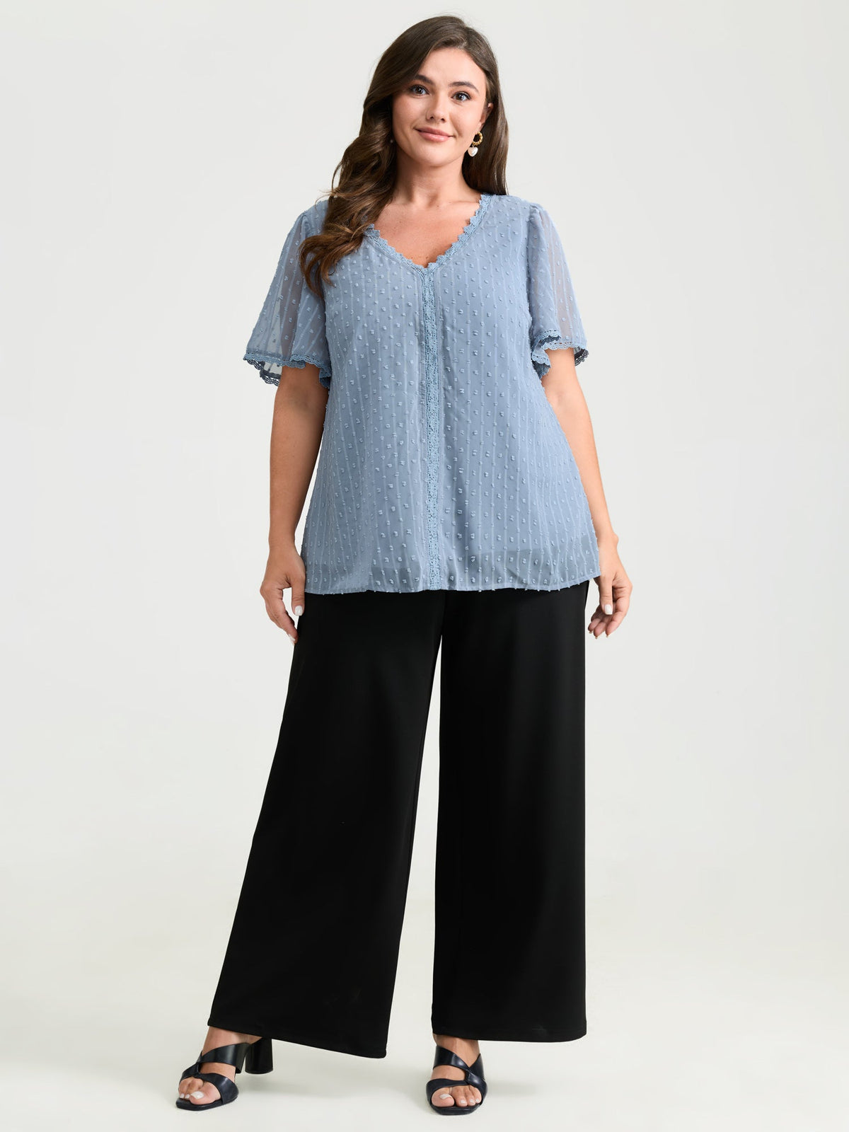 Lace Trim Textured V-Neck Blouse
