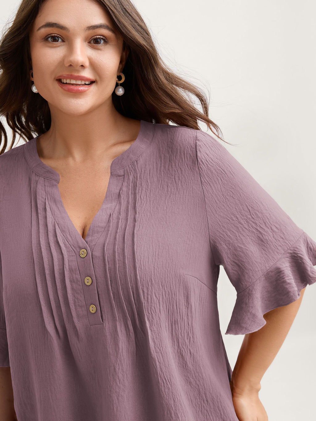 Toothpick Pleats Ruffled Sleeve Solid Blouse