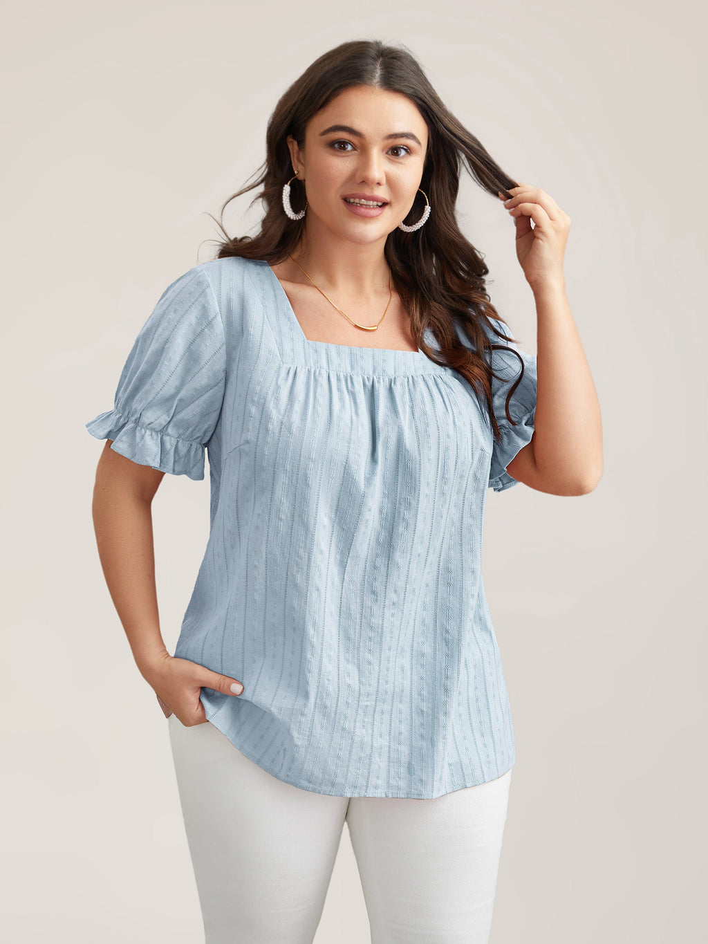 Cotton Square Neck Ruffled Sleeve Blouse