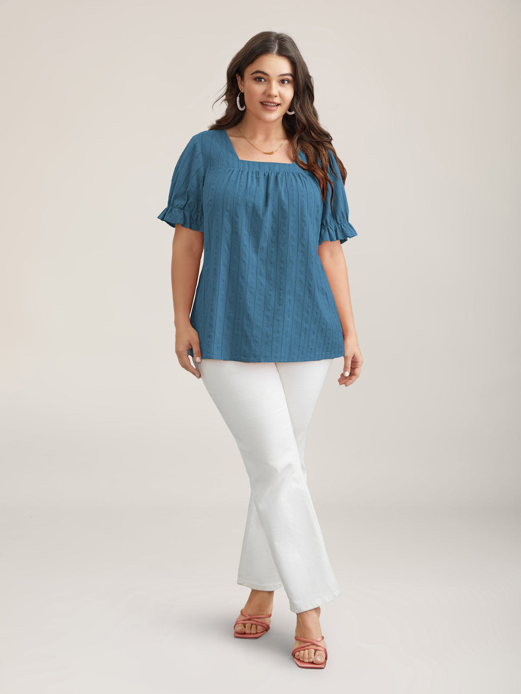 Cotton Square Neck Ruffled Sleeve Blouse