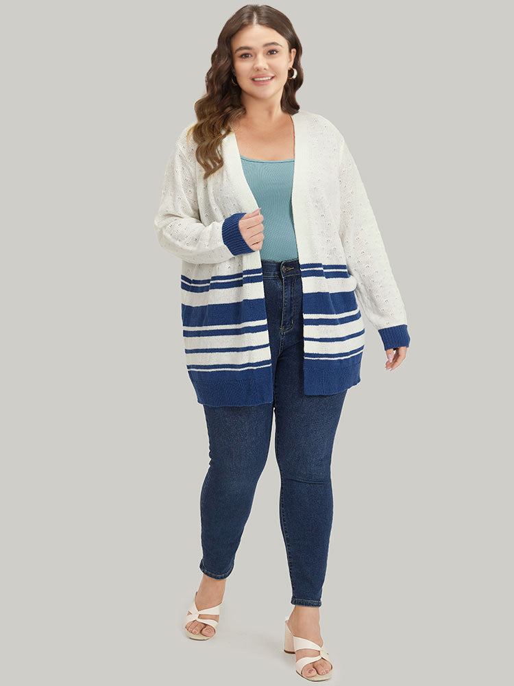 Striped Open Front Contrast Elastic Cuffs Cardigan